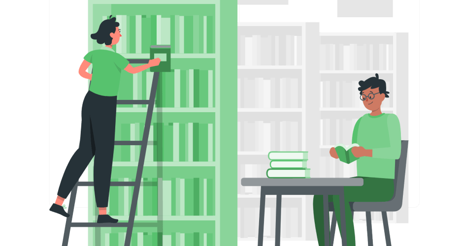 Illustration of two people in a library